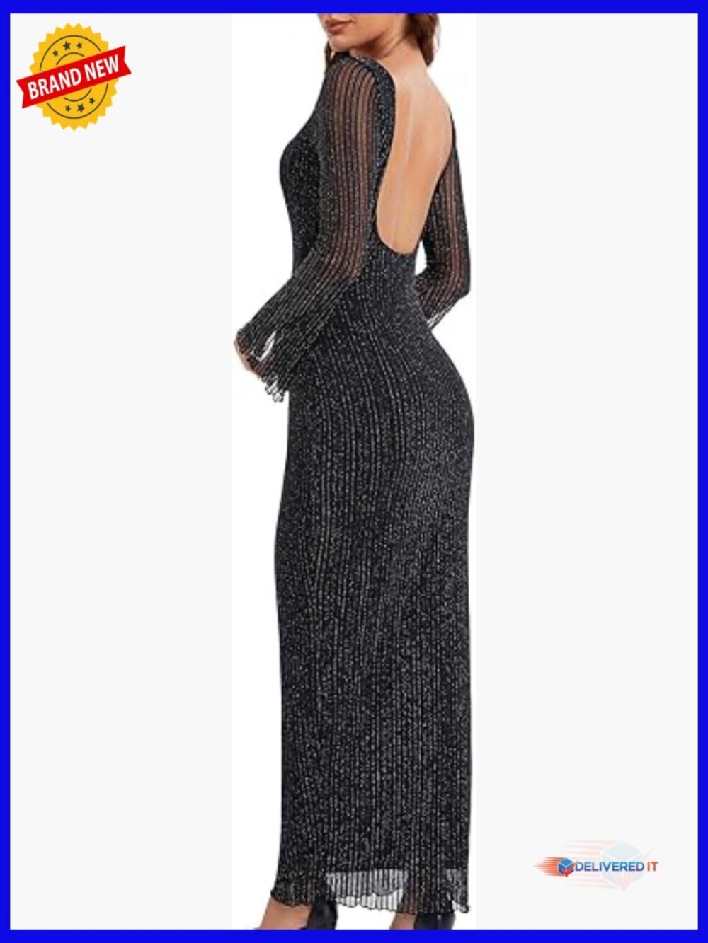 Sequin Mesh Long Sleeve Backless Bodycon Maxi Dress Cocktail Party